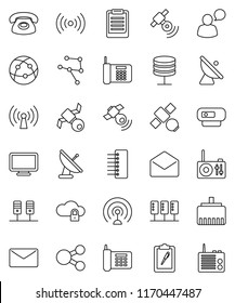 thin line vector icon set - clipboard vector, satellite, phone, antenna, satellitie, internet, speaking man, mail, network, server, cloud lock, hub, lan connector, share, wireless, monitor, radio