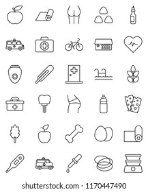 thin line vector icon set - cereal vector, egg, oil, apple fruit, diet, heart pulse, bike, buttocks, water bottle, fitness mat, cereals, breads, first aid kit, bone, hoop, doctor bag, thermometer