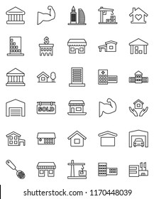 thin line vector icon set - house hold vector, skimmer, school building, bank, muscule hand, office, dry cargo, warehouse, hospital, cottage, chalet, garage, barn, sold signboard, love home, store