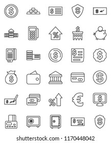 thin line vector icon set - school building vector, bank, dollar coin, credit card, percent growth, money bag, piggy, check, receipt, medal, safe, monitor, euro sign, gold ingot, wallet, reader