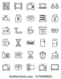 thin line vector icon set - water tap vector, glasses, alarm clock, abacus, money bag, sand, phone, big scales, film frame, tv, video camera, classic, closed, fridge, kitchen, sewing machine