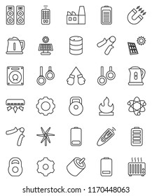 thin line vector icon set - kettle vector, atom, magnet, weight, hand trainer, boxing glove, gymnast rings, flammable, oil barrel, remote control, battery, rca, gear, solar panel, windmill, factory