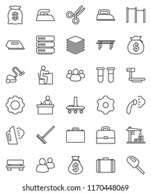 thin line vector icon set - vacuum cleaner vector, rake, iron, steaming, student, case, money bag, horizontal bar, big scales, group, vial, scissors, data, gear, bench, construction crane