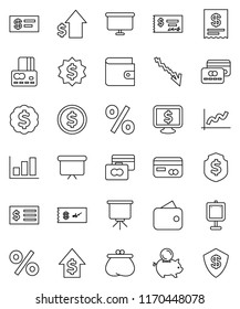 thin line vector icon set - presentation vector, dollar coin, graph, credit card, wallet, crisis, piggy bank, growth, check, receipt, board, medal, shield, monitor, percent