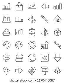 thin line vector icon set - graph vector, crisis, percent growth, arrow down, route, signpost, top sign, package, sorting, backward button, refresh, redo, undo