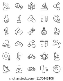 thin line vector icon set - thermometer vector, atom, microscope, magnet, flask, pills, molecule, oxygen, satellite, antenna, vial, dna, drop counter, ovule