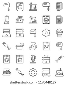 thin line vector icon set - washer vector, mixer, double boiler, blender, tomography, gear, construction crane, card reader, dishwasher, coffee maker, meat grinder, sewing machine