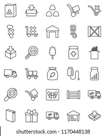 thin line vector icon set - washing powder vector, cereal, pasta, delivery, wood box, cargo, no trolley, hook, warehouse, package, search, pills bottle, drop counter, relocation truck, gift