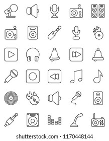 thin line vector icon set - bell vector, music, disk, hit, microphone, radio, speaker, equalizer, headphones, play button, forward, backward, rec, jack