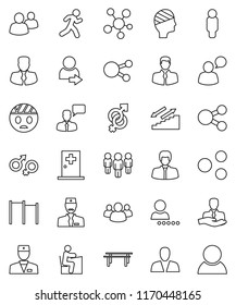 thin line vector icon set - student vector, manager, man, horizontal bar, stairways run, client, speaking, social media, group, doctor, gender sign, head bandage, medical room, share, login