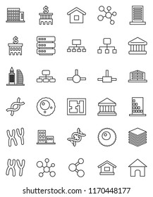 thin line vector icon set - molecule vector, bank, building, hierarchy, dna, chromosomes, ovule, connect, big data, plan, apartments, office, home