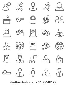 thin line vector icon set - water closet vector, student, manager, man, stairways run, support, client, speaking, doctor, gender sign, eye hat, head bandage, medical room, consumer