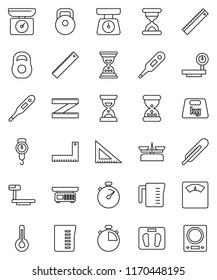 thin line vector icon set - measuring cup vector, scales, corner ruler, sand clock, stopwatch, weight, big, thermometer, store, kitchen