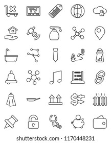 thin line vector icon set - towel vector, bath, liquid soap, house hold, pan, hand mill, bell, paper pin, abacus, music, exchange, piggy bank, tie, top sign, no trolley, barcode, route, satellitie