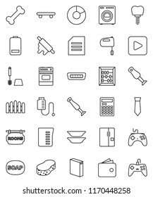 thin line vector icon set - soap vector, sponge, toilet brush, washing powder, measuring cup, rolling pin, mixer, oven, blender, plates, calculator, abacus, document, pie graph, wallet, tie, bone