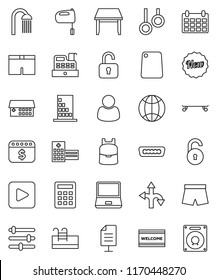 thin line vector icon set - welcome mat vector, shower, cutting board, mixer, backpack, dollar calendar, shorts, skateboard, gymnast rings, route, notebook pc, play button, hdmi, hospital building