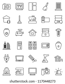 thin line vector icon set - plunger vector, broom, double boiler, tv, house, cottage, office building, smart home, power plug, coffee maker, meat grinder, microwave oven, monitor, epilator, camera