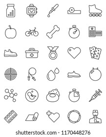 thin line vector icon set - soap vector, diet, stopwatch, bike, jump rope, fitball, snickers, roller Skates, target, medal, molecule, heart monitor, fitness mat, breads, bone, hoop, doctor bag