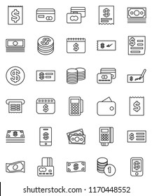 thin line vector icon set - credit card vector, cash, coin stack, check, receipt, dollar calendar, money, wallet, reader, tap pay