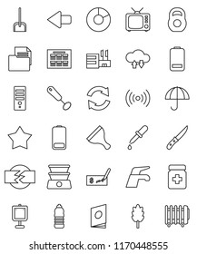 thin line vector icon set - scraper vector, water tap, scoop, whisk, knife, cereal, schedule, presentation, pie graph, check, weight, bottle, document, umbrella, tv, battery, dropper, pills, arrow