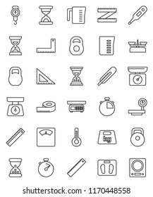 thin line vector icon set - measuring cup vector, scales, corner ruler, sand clock, stopwatch, weight, big, thermometer, store, kitchen