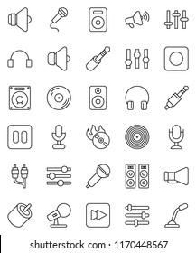 thin line vector icon set - disk vector, music hit, microphone, speaker, loudspeaker, settings, headphones, pause button, forward, rec, rca, jack, equalizer