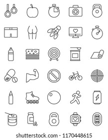 thin line vector icon set - diet vector, stopwatch, pills vial, bike, weight, punching bag, fitball, muscule hand, buttocks, shorts, roller Skates, target, sports nutrition, enegry drink, breads