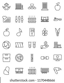 thin line vector icon set - clothespin vector, house hold, apple fruit, music, archive, investment, hierarchy, cereals, heart monitor, Railway carriage, truck trailer, port, settings, vial, microbs