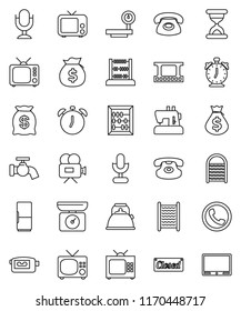 thin line vector icon set - water tap vector, washboard, kettle, alarm clock, abacus, money bag, big scales, film frame, tv, video camera, microphone, classic phone, sand, fridge, closed, kitchen