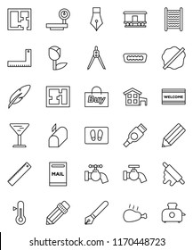 thin line vector icon set - water tap vector, splotch, welcome mat, washboard, rolling pin, thermometer, chicken leg, pen, pencil, corner ruler, drawing compass, glass, tulip, big scales, hdmi, plan