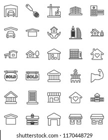 thin line vector icon set - house hold vector, skimmer, university, school building, bank, muscule hand, office, dry cargo, warehouse, hospital, cottage, chalet, garage, sold signboard, apartments