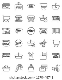 thin line vector icon set - cart vector, credit card, office, cargo search, estate document, sale signboard, rooms, sold, low price, new, shopping bag, store, buy, barcode, basket, coupon