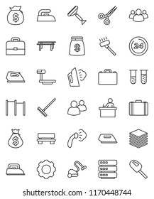 thin line vector icon set - scraper vector, vacuum cleaner, rake, iron, steaming, student, case, money bag, horizontal bar, big scales, group, vial, scissors, data, gear, bench, 24 hour