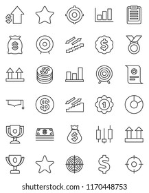 thin line vector icon set - graduate hat vector, clipboard, award cup, certificate, graph, pie, japanese candle, money bag, dollar growth, target, medal, sign, stairways run, top, favorites, coin