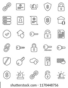 thin line vector icon set - certificate vector, personal information, dollar shield, protected, link, cloud, big data, server, firewall, chain, unlock, key, siren, lock, smart home, protect