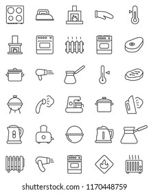 thin line vector icon set - steaming vector, pan, camping cauldron, kettle, cook glove, turk coffee, toaster, oven, thermometer, bbq, steak, flammable, fireplace, heating, iron, maker, hair dryer