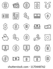 thin line vector icon set - exchange vector, dollar coin, cash, piggy bank, investment, receipt, medal, shield, calendar, monitor, cursor, any currency, yen sign, money, bag