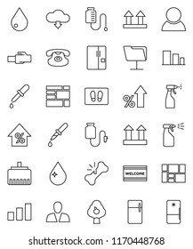 thin line vector icon set - water drop vector, welcome mat, sprayer, percent growth, consolidated cargo, top sign, sorting, classic phone, dropper, broken bone, counter, network folder, fruit tree