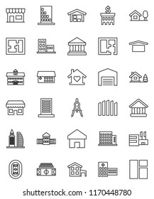 thin line vector icon set - university vector, school building, drawing compass, bank, stadium, dry cargo, hospital, home, cottage, chalet, barn, fence, plan, apartments, office, love, store, mall