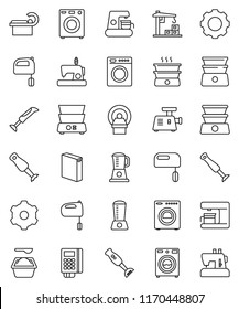 thin line vector icon set - washer vector, washing powder, mixer, double boiler, blender, tomography, gear, construction crane, card reader, coffee maker, meat grinder, sewing machine
