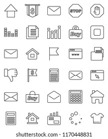 thin line vector icon set - calculator vector, flag, arrow up, dollar, document, equalizer, finger down, mail, stop button, browser, home, loading, house, buy, clothes