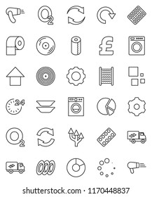 thin line vector icon set - washboard vector, toilet paper, plates, pie graph, arrow up, pound, oxygen, disk, pills blister, gear, refresh, redo, loading, route, relocation truck, 24 hour, washer