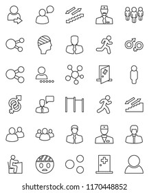 thin line vector icon set - student vector, manager, man, horizontal bar, stairways run, client, speaking, social media, group, doctor, gender sign, head bandage, medical room, share, login
