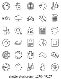 thin line vector icon set - glasses vector, world, personal information, pie graph, pound, no fastfood, gymnast rings, oxygen, earth, music hit, stop button, pills, cloud network, refresh, undo