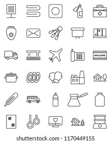 thin line vector icon set - towel vector, window cleaning, welcome mat, shining, pan, turk coffee, plates, jar, school bus, presentation board, boxing glove, water bottle, shuttlecock, heart monitor