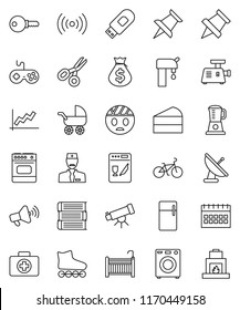 thin line vector icon set - cake vector, book, telescope, paper pin, scissors, graph, money bag, calendar, bike, roller Skates, first aid kit, loudspeaker, gamepad, thumbtack, head bandage, doctor