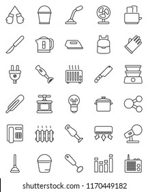 thin line vector icon set - plunger vector, bucket, rubber glove, pan, cook press, whisk, knife, toaster, blender, backpack, boxing, microphone, equalizer, thermometer, scalpel, share, heating, iron