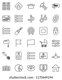 thin line vector icon set - skimmer vector, mixer, certificate, flag, pie graph, monitor dollar, target, gymnast rings, route, calendar, dry cargo, flammable, satellitie, classic phone, speaker, new