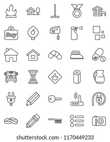 thin line vector icon set - fetlock vector, mop, sprayer, toilet paper, jug, pencil, school bus, sand clock, medal, pills, flammable, router, home, loading, key, house, cottage, chalet, fruit tree