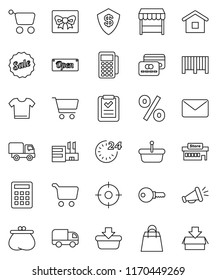 thin line vector icon set - cart vector, gift, credit card, wallet, sale, open, 24 hour, shopping bag, percent, market, mall, target, barcode, reader, basket, home, list, calculator, delivery, mail